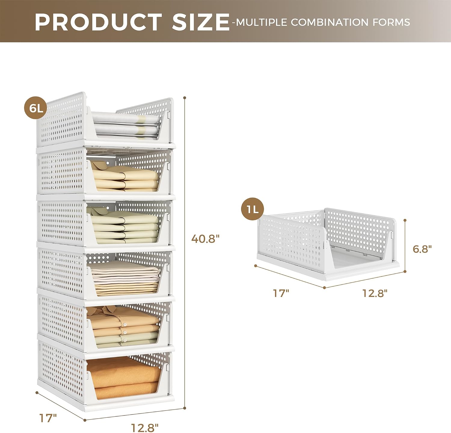 Pinkpum 6 Pack Closet Organizer Storage Bins Stackable Plastic Drawer Shelf